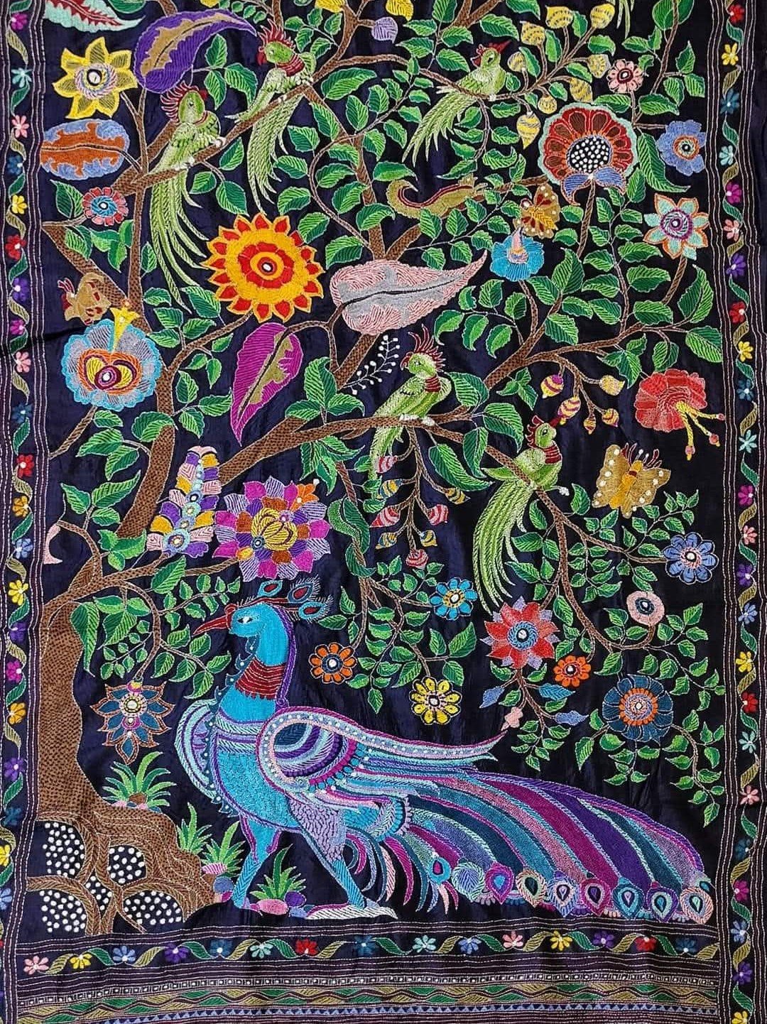 Authentic Kantha Stitch Tree of Life Saree