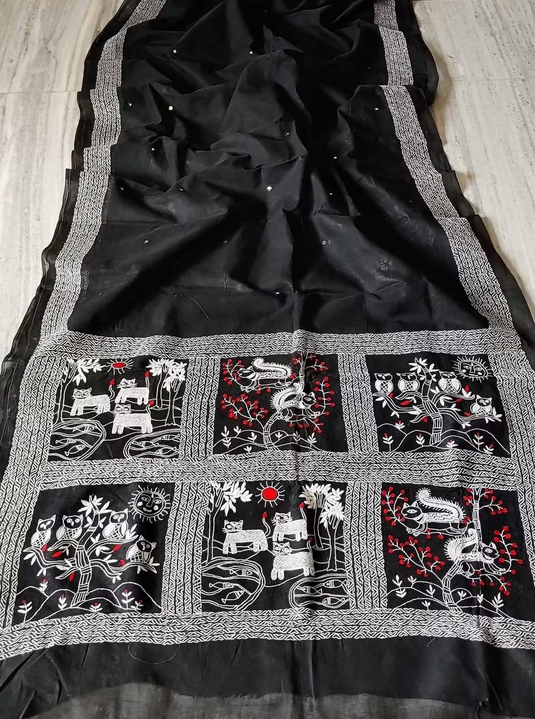 Authentic Kantha Stitch Gond Art Saree
