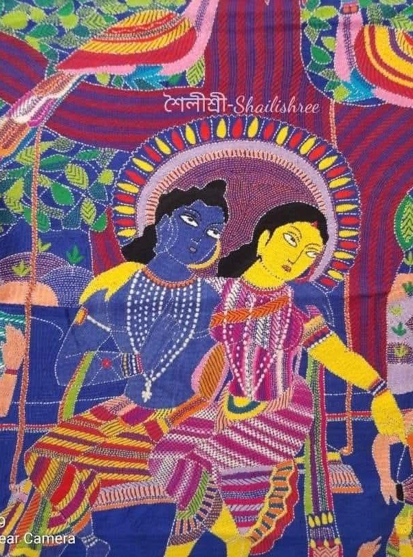 Authentic Kantha Stitch Radha Krishna Saree