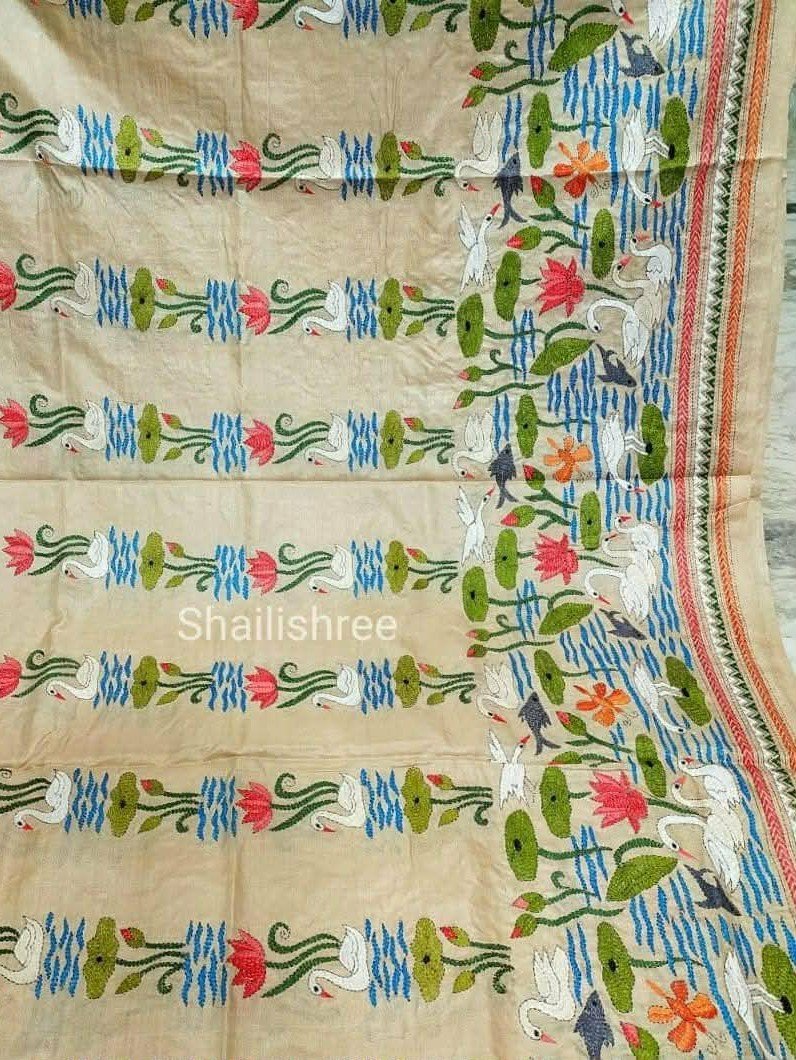 Authentic Kantha Stitch Swans Saree