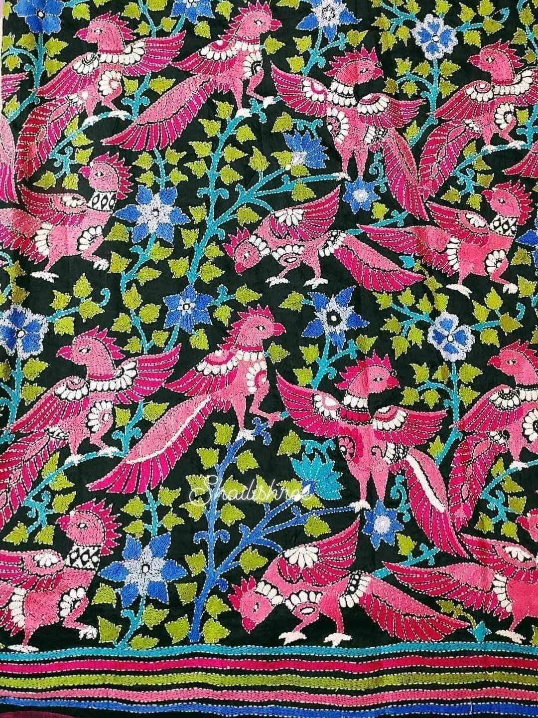 Authentic Kantha Floral Birds Saree