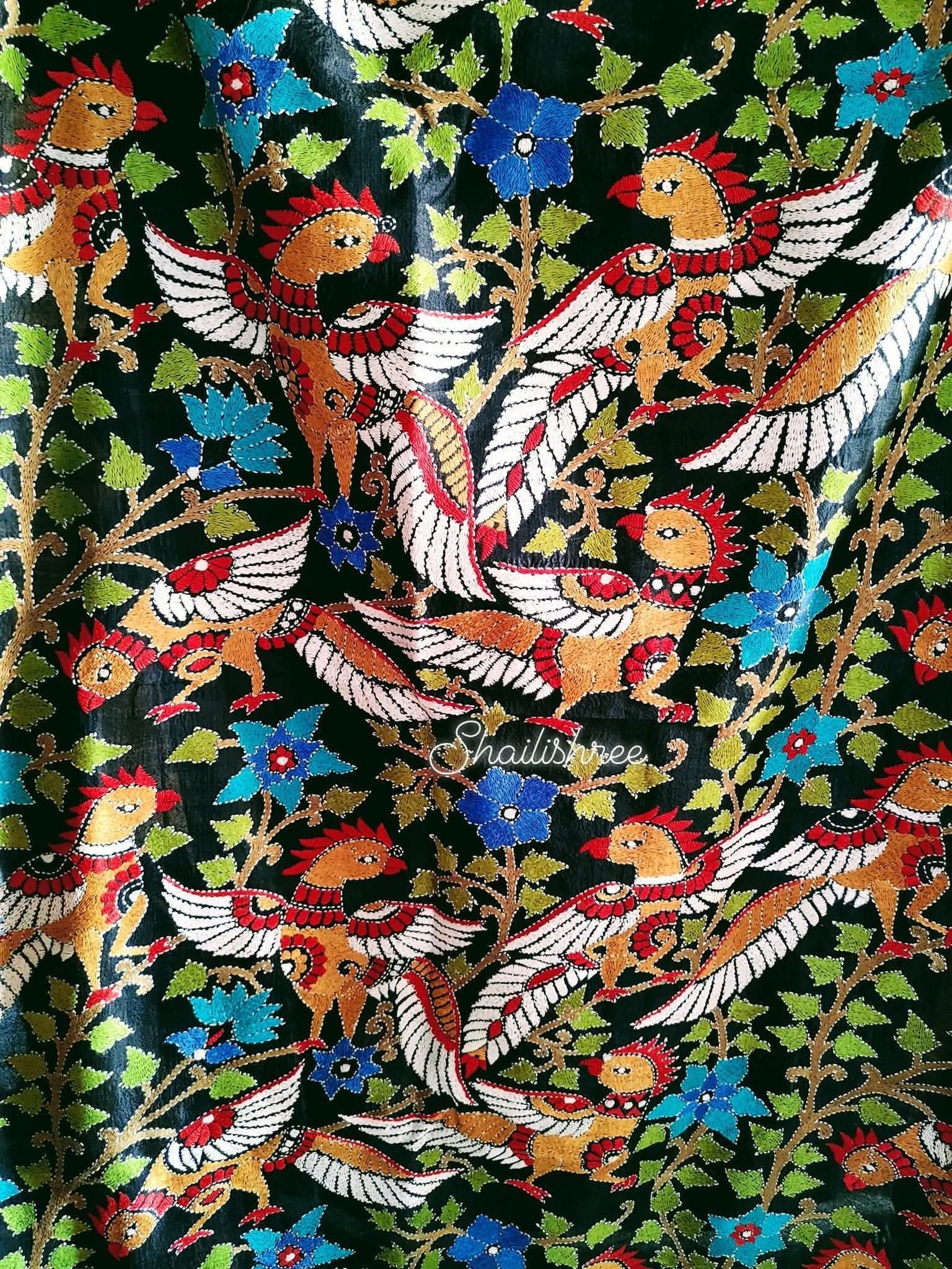 Authentic Kantha Stitch Birds Saree